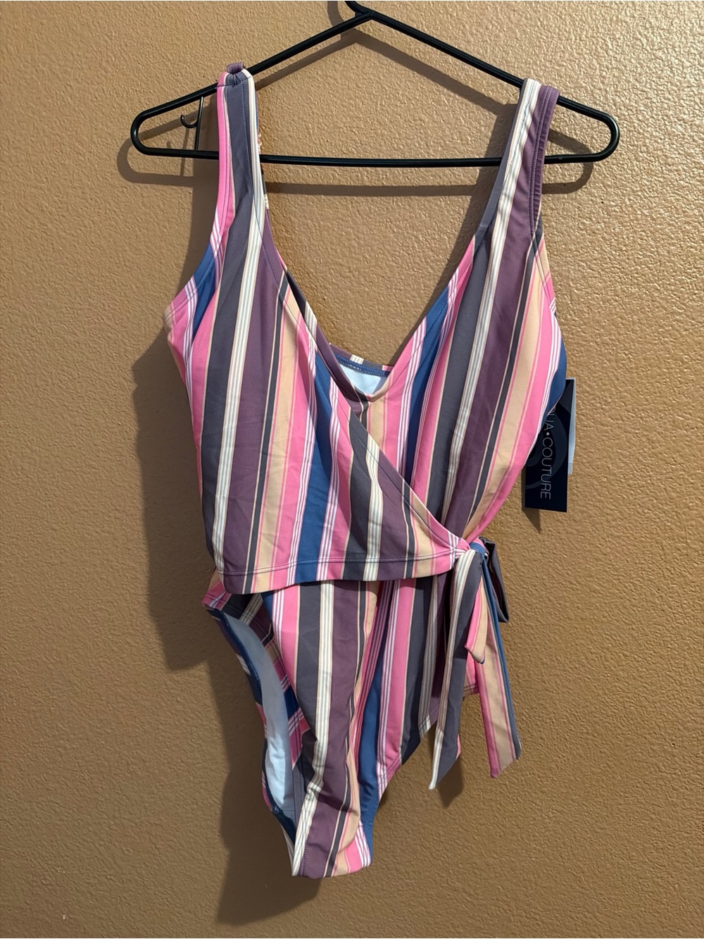 Aqua Couture Multi-Stripe Faux Wrap One-Piece Swimsuit NWT
